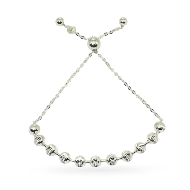 Sterling Silver Textured Beads Bar Station Chain Adjustable Pull-String Bracelet
