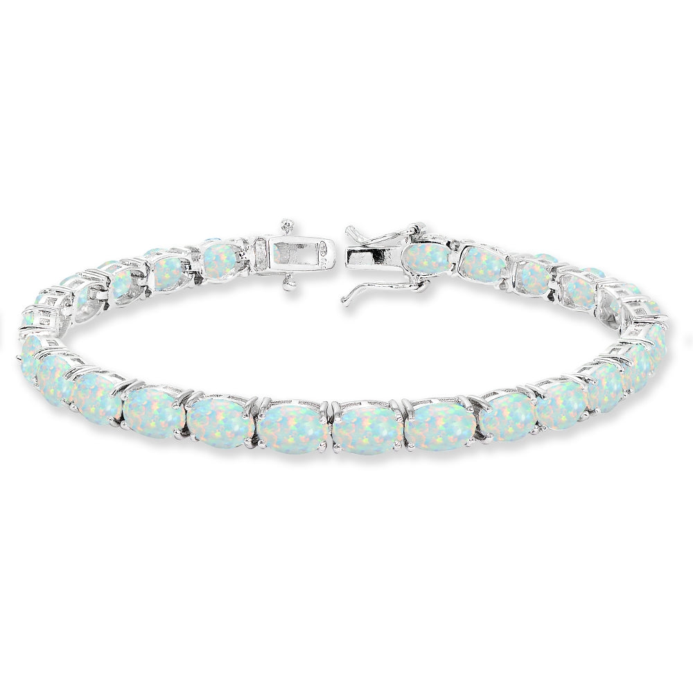 Sterling Silver 7x5mm Created White Opal Oval-cut Classic Tennis Bracelet