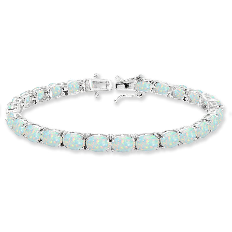 Sterling Silver 7x5mm Created White Opal Oval-cut Classic Tennis Bracelet