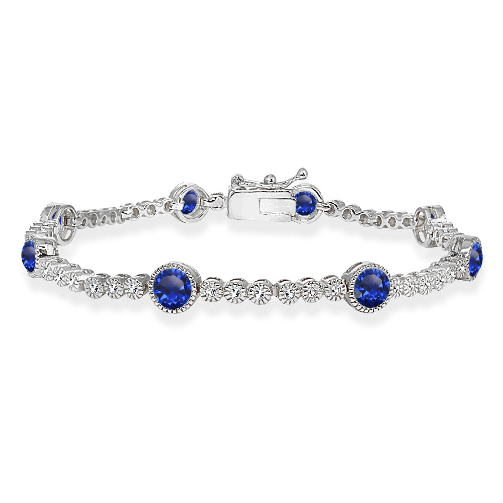 Sterling Silver Created Blue Sapphire & White Topaz Round Halo Tennis Bracelet
