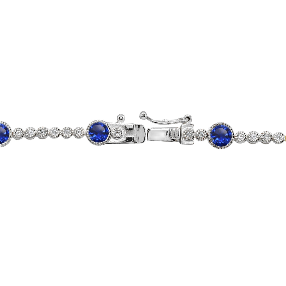 Sterling Silver Created Blue Sapphire & White Topaz Round Halo Tennis Bracelet-3