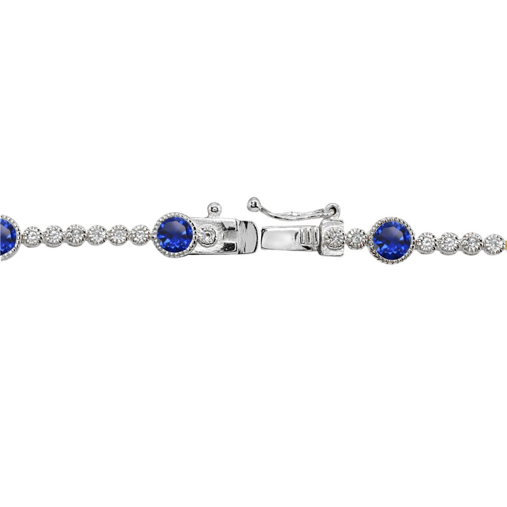 Sterling Silver Created Blue Sapphire & White Topaz Round Halo Tennis Bracelet