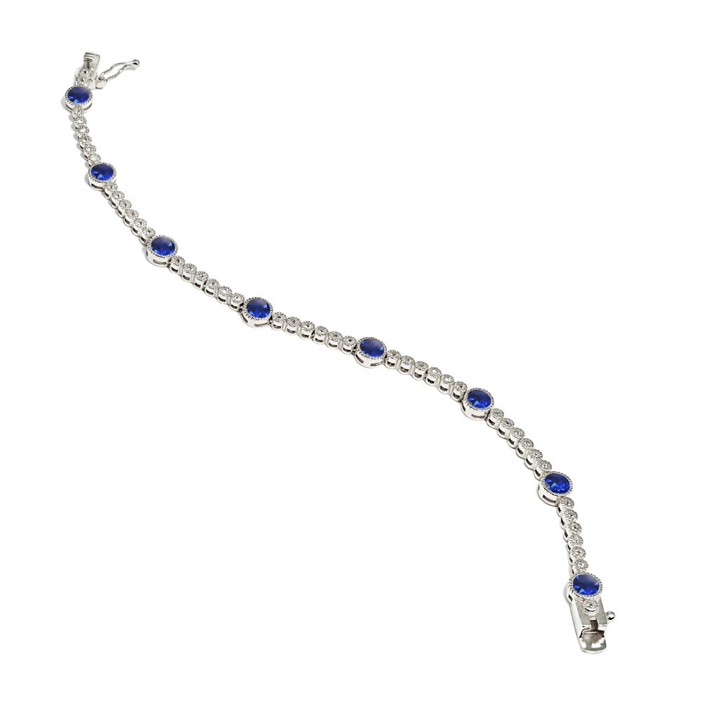 Sterling Silver Created Blue Sapphire & White Topaz Round Halo Tennis Bracelet-4