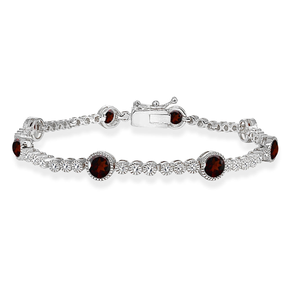 Sterling Silver Garnet & White Topaz Round Halo Tennis Bracelet