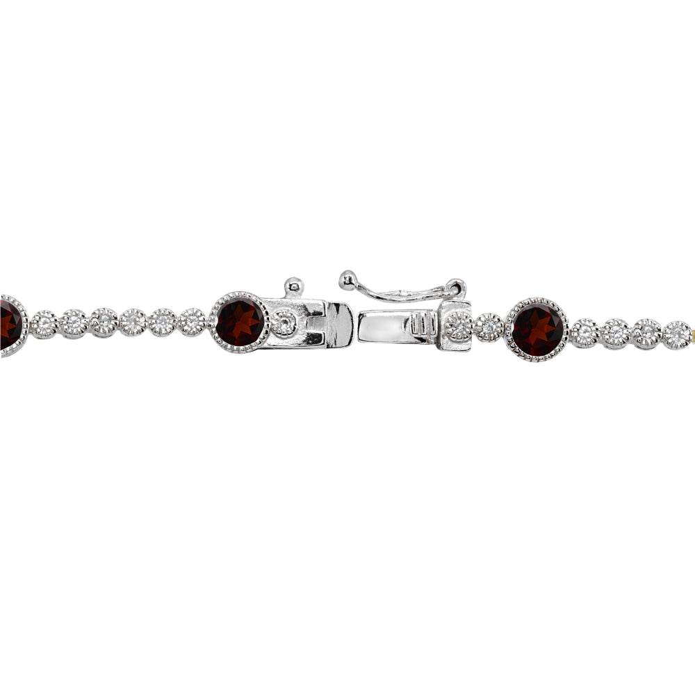 Sterling Silver Garnet & White Topaz Round Halo Tennis Bracelet-3