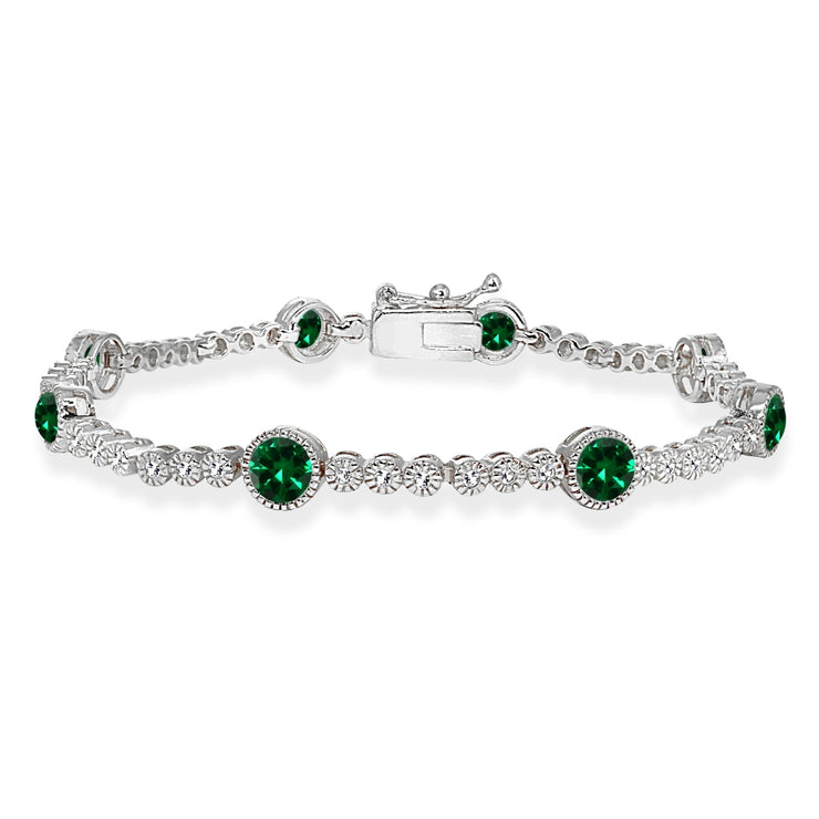 Sterling Silver Created Emerald & White Topaz Round Halo Tennis Bracelet