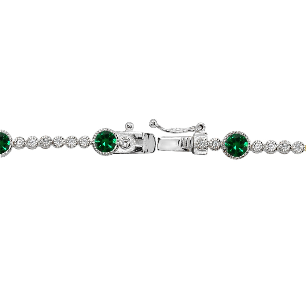 Sterling Silver Created Emerald & White Topaz Round Halo Tennis Bracelet-3