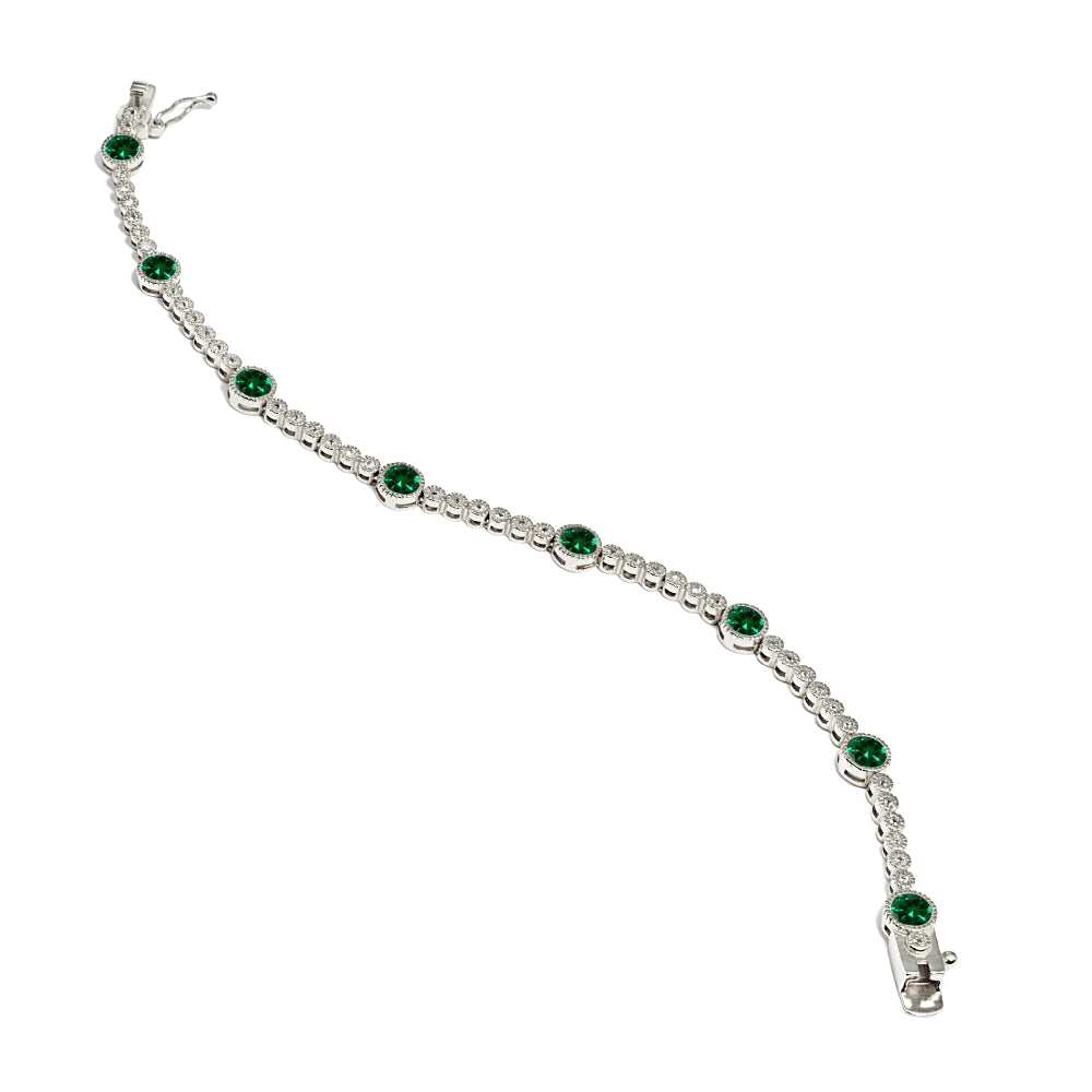 Sterling Silver Created Emerald & White Topaz Round Halo Tennis Bracelet-4
