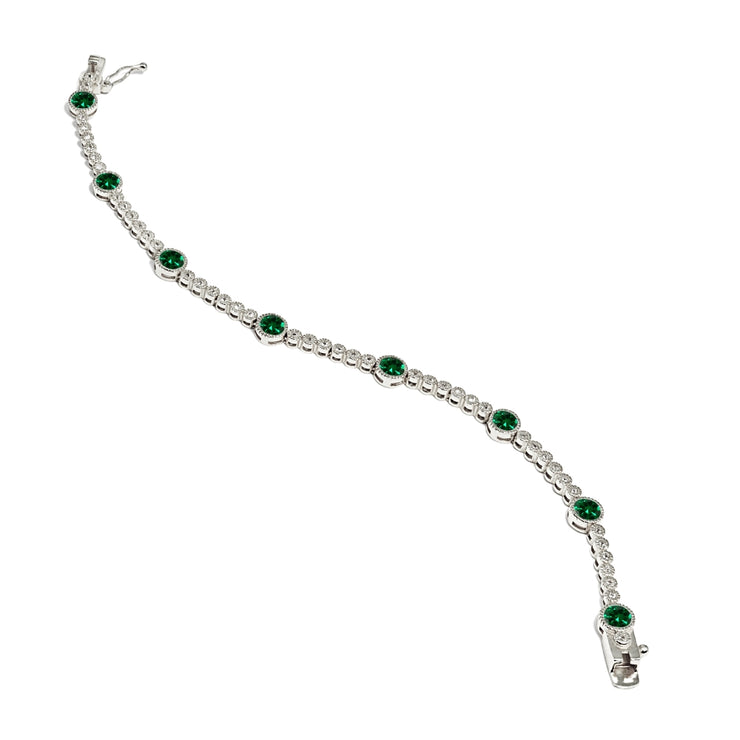 Sterling Silver Created Emerald & White Topaz Round Halo Tennis Bracelet