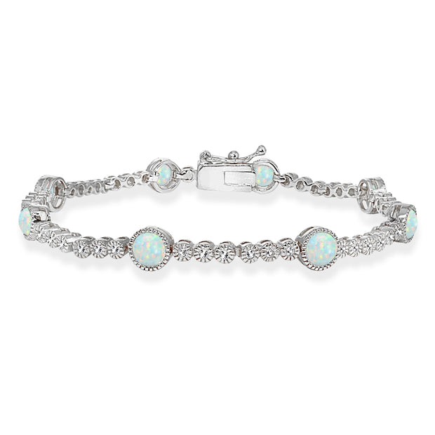 Sterling Silver Created White Opal & Topaz Round Halo Tennis Bracelet