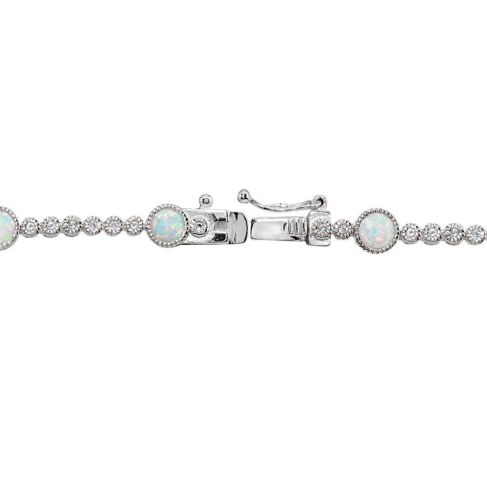 Sterling Silver Created White Opal & Topaz Round Halo Tennis Bracelet-3