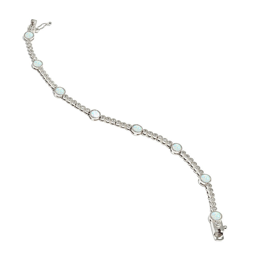 Sterling Silver Created White Opal & Topaz Round Halo Tennis Bracelet-4
