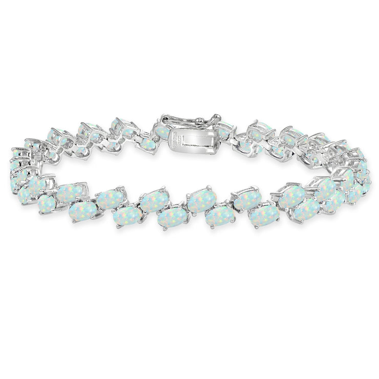 Sterling Silver Created White Opal 5x3mm Oval Wave Tennis Bracelet