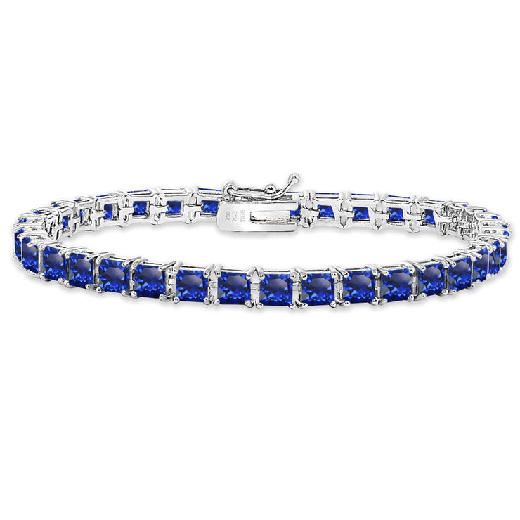Sterling Silver Created Blue Sapphire 4mm Princess-Cut Square Classic Tennis Bracelet