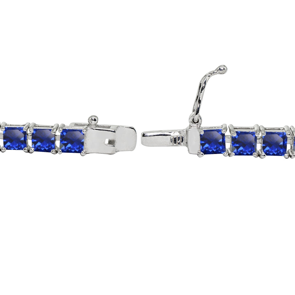 Sterling Silver Created Blue Sapphire 4mm Princess-Cut Square Classic Tennis Bracelet-2