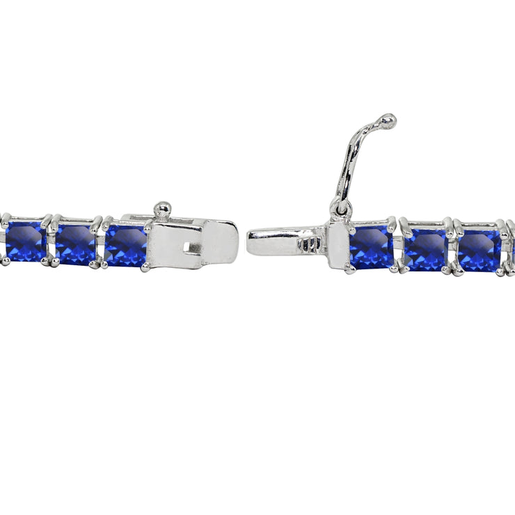 Sterling Silver Created Blue Sapphire 4mm Princess-Cut Square Classic Tennis Bracelet