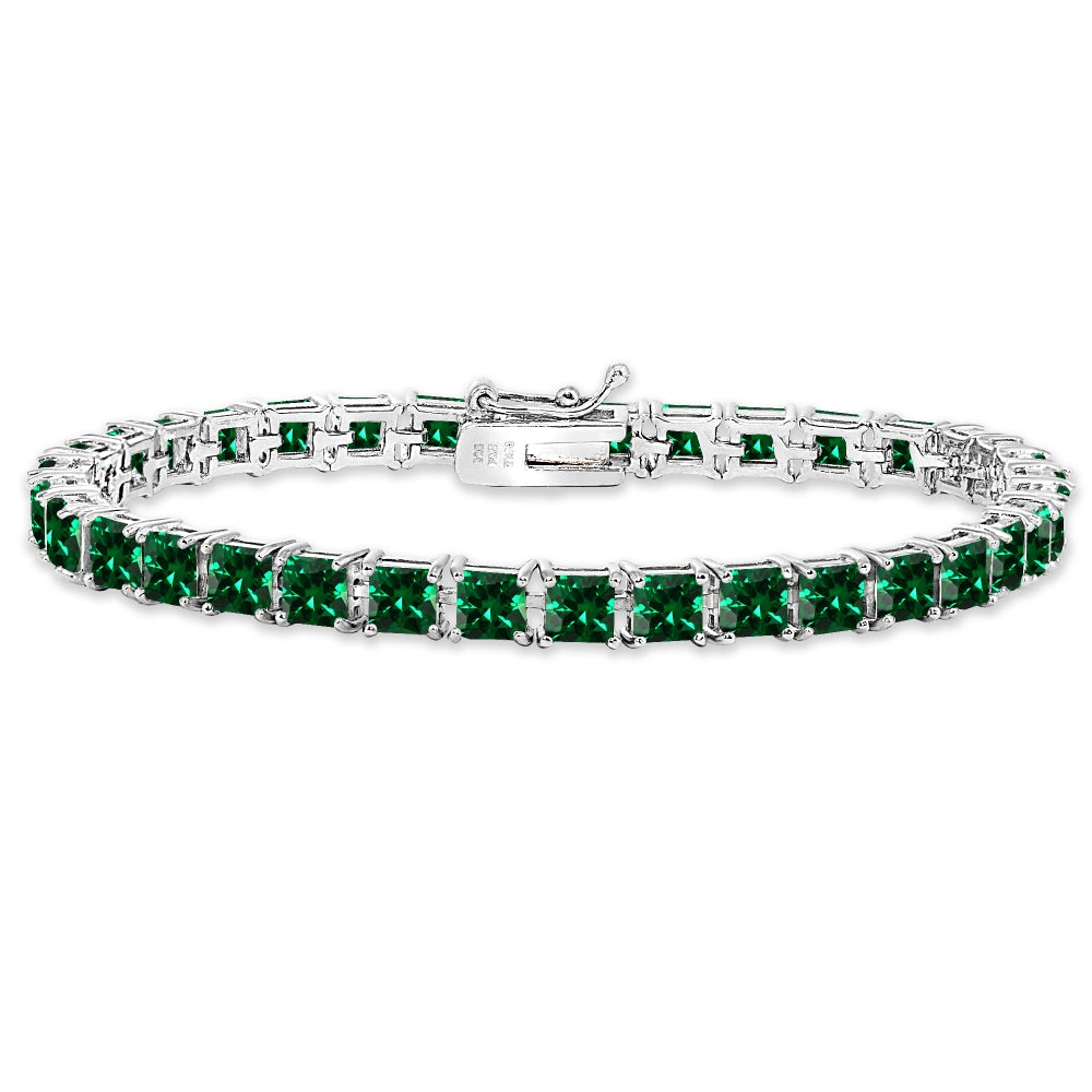 Sterling Silver Created Emerald 4mm Princess-Cut Square Classic Tennis Bracelet