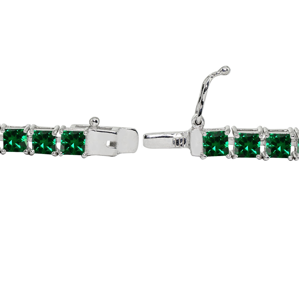 Sterling Silver Created Emerald 4mm Princess-Cut Square Classic Tennis Bracelet-2