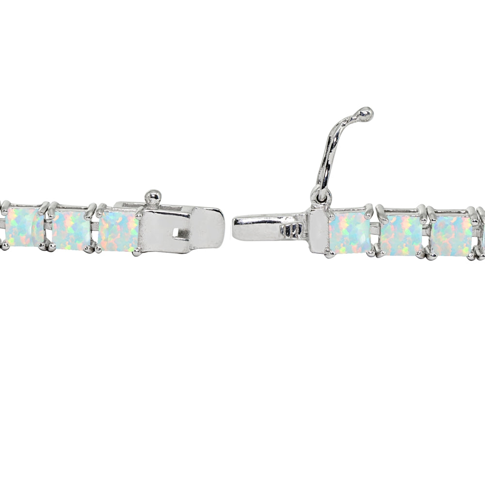 Sterling Silver Created White Opal 4mm Princess-Cut Square Classic Tennis Bracelet-2
