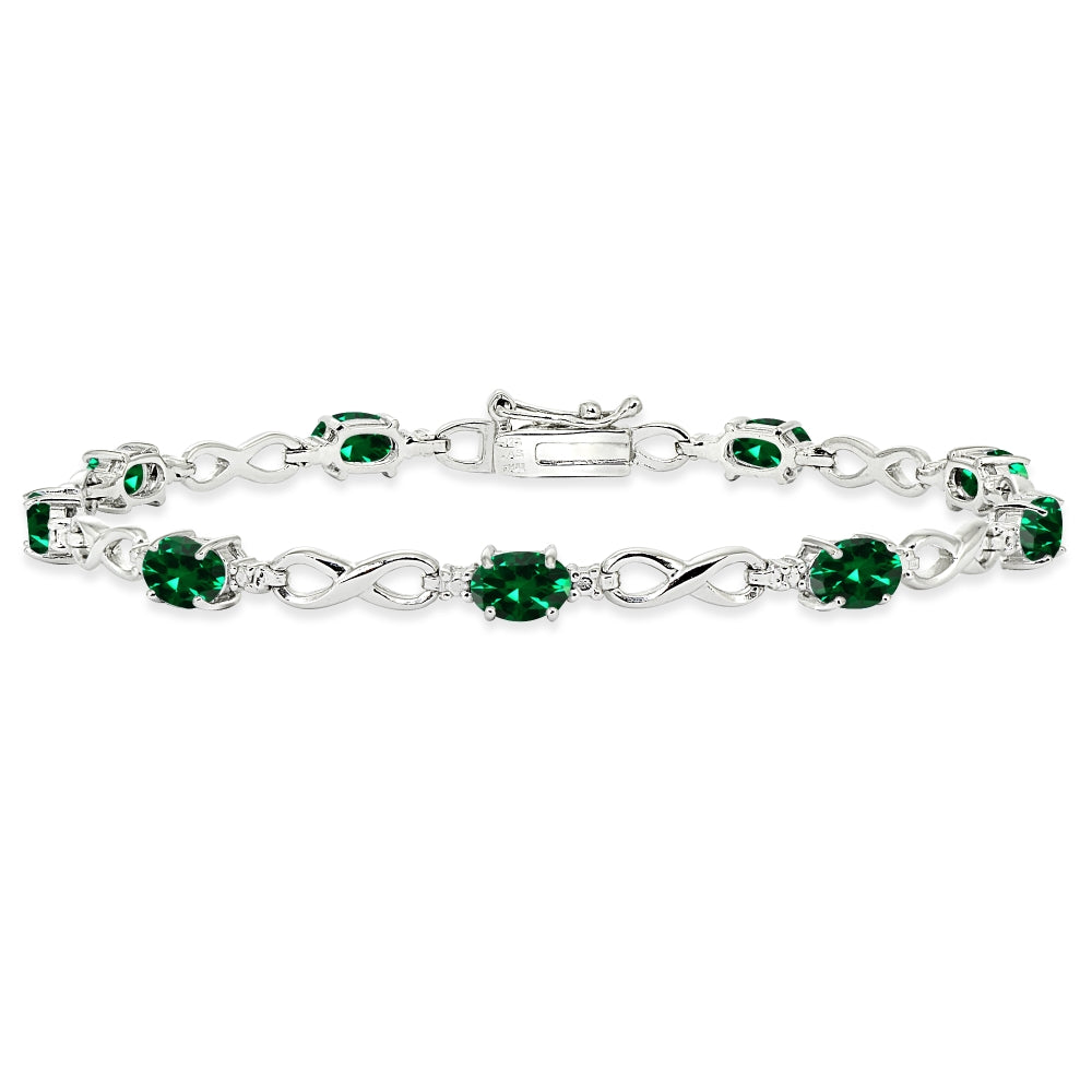 Sterling Silver Created Emerald Oval Polished Infinity Classic Tennis Bracelet