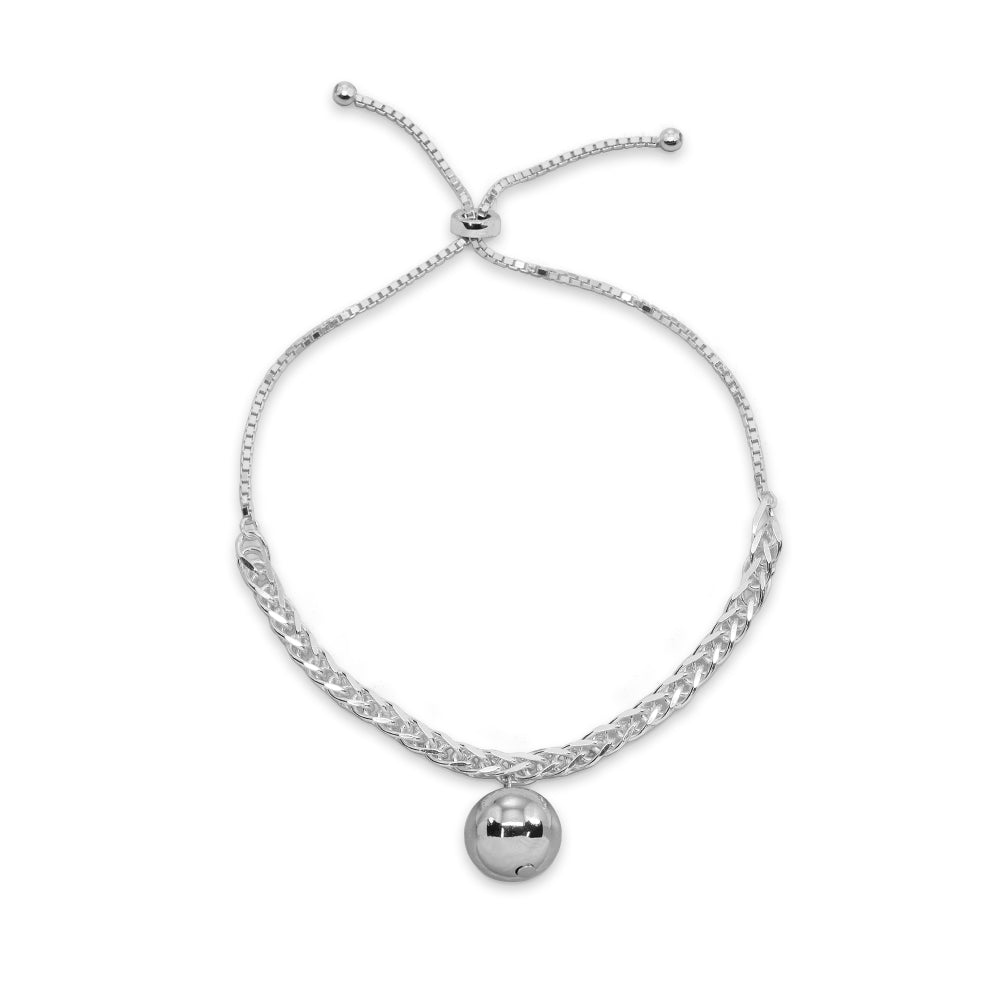 Sterling Silver Polished Ball Bead Station Wheat Spiga Chain Adjustable Bolo Bracelet