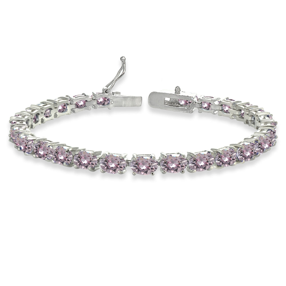 Sterling Silver Pink 6x4mm Oval-Cut Classic Tennis Bracelet Made with Swarovski Crystals