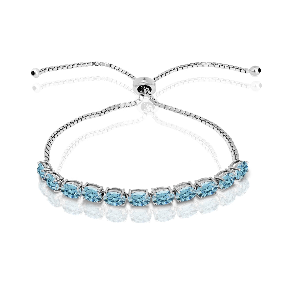 Sterling Silver Light Blue 6x4mm Oval-Cut Pull-String Adjustable Bolo Bracelet Made with Swarovski Crystals