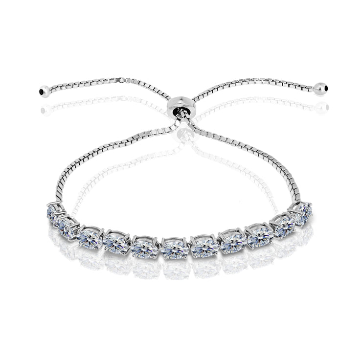 Sterling Silver Clear 6x4mm Oval-Cut Pull-String Adjustable Bolo Bracelet Made with Swarovski Crystals