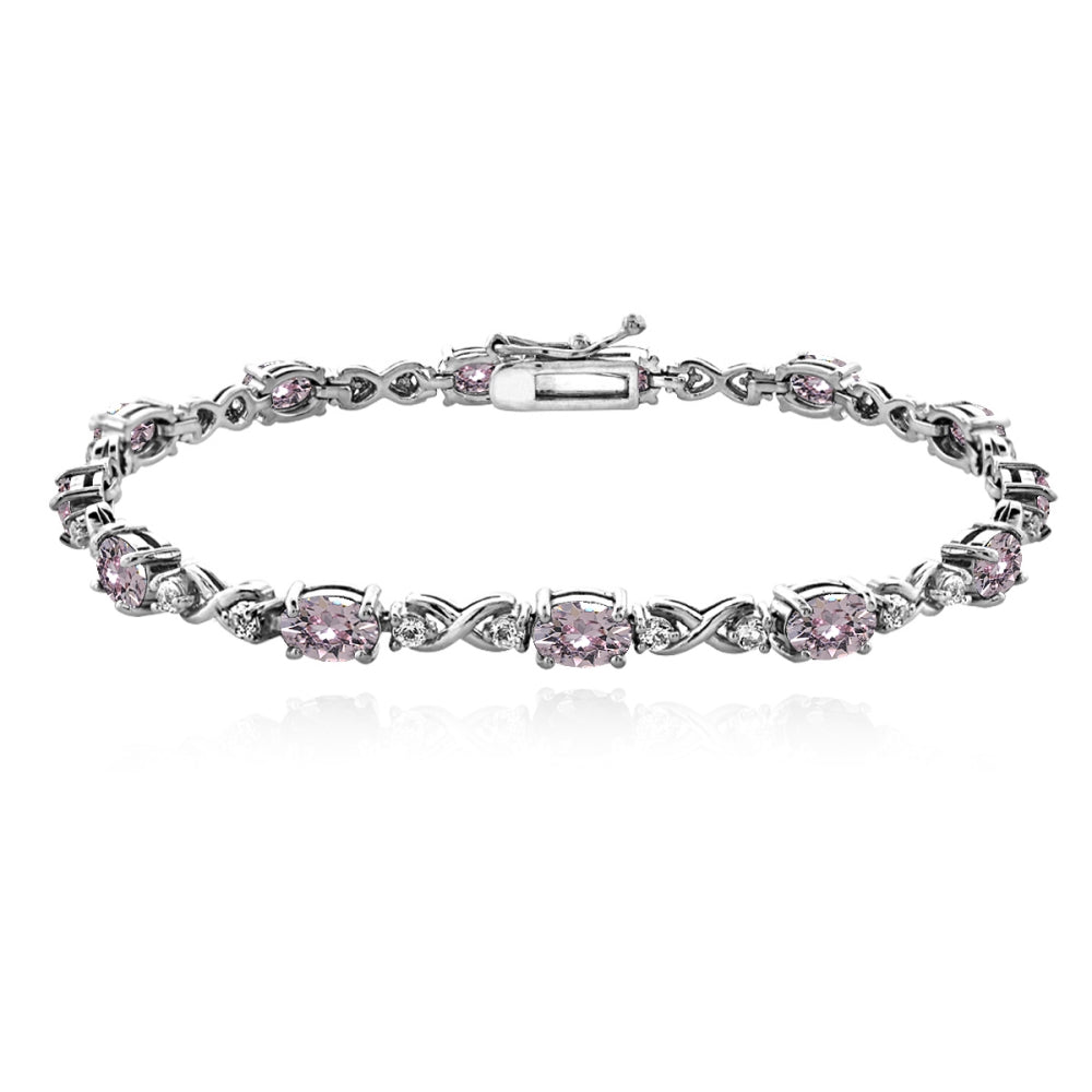 Sterling Silver Pink 6x4mm Oval Infinity Bracelet Made with Swarovski Crystals