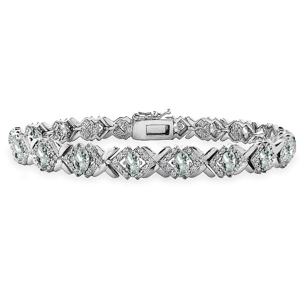 Sterling Silver Light Aquamarine Oval X Design Polished Tennis Bracelet