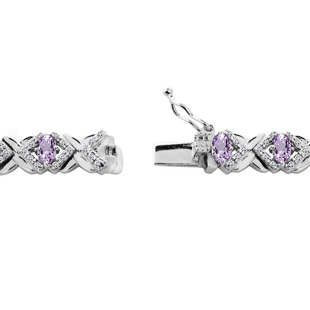 Sterling Silver Amethyst Oval X Design Polished Tennis Bracelet-2