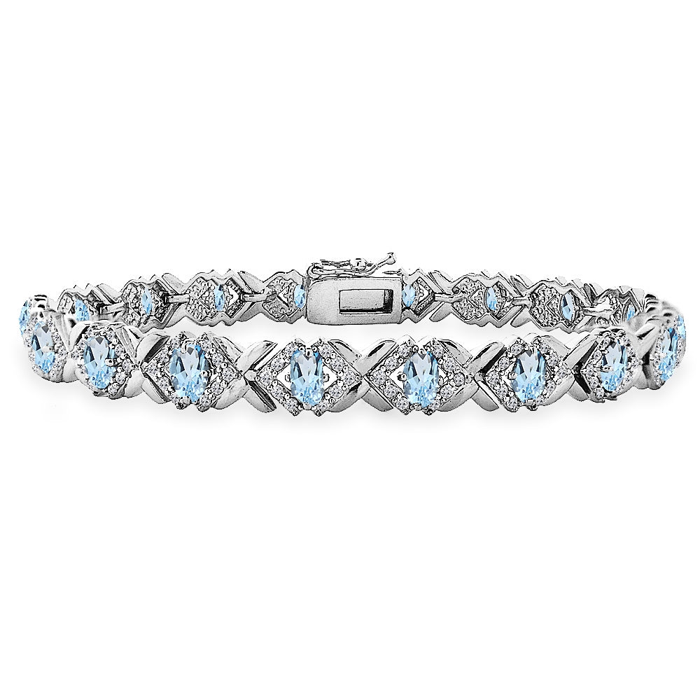 Sterling Silver Blue Topaz Oval X Design Polished Tennis Bracelet