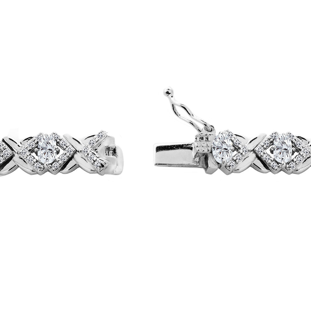Sterling Silver Created White Sapphire Oval X Design Polished Tennis Bracelet-2