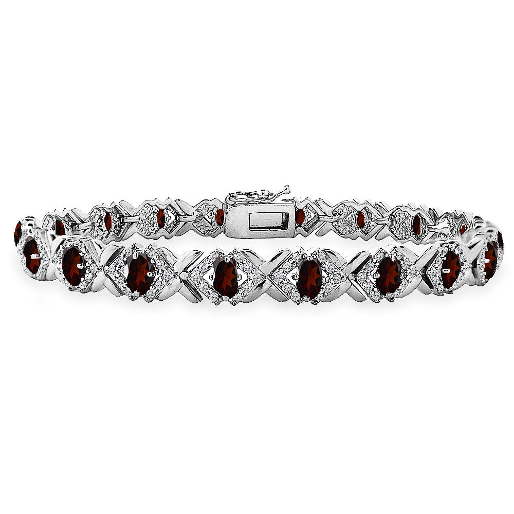 Sterling Silver Garnet Oval X Design Polished Tennis Bracelet