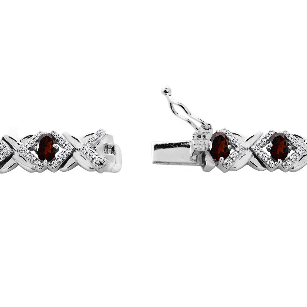 Sterling Silver Garnet Oval X Design Polished Tennis Bracelet-2