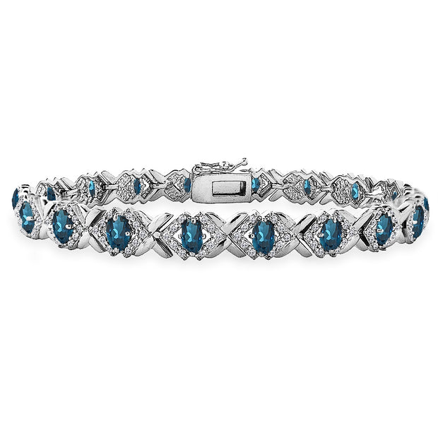 Sterling Silver London Blue Topaz Oval X Design Polished Tennis Bracelet
