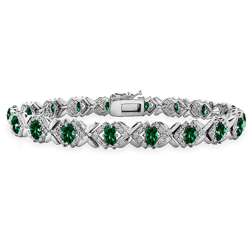 Sterling Silver Created Emerald Oval X Design Polished Tennis Bracelet