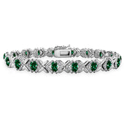 Sterling Silver Created Emerald Oval X Design Polished Tennis Bracelet