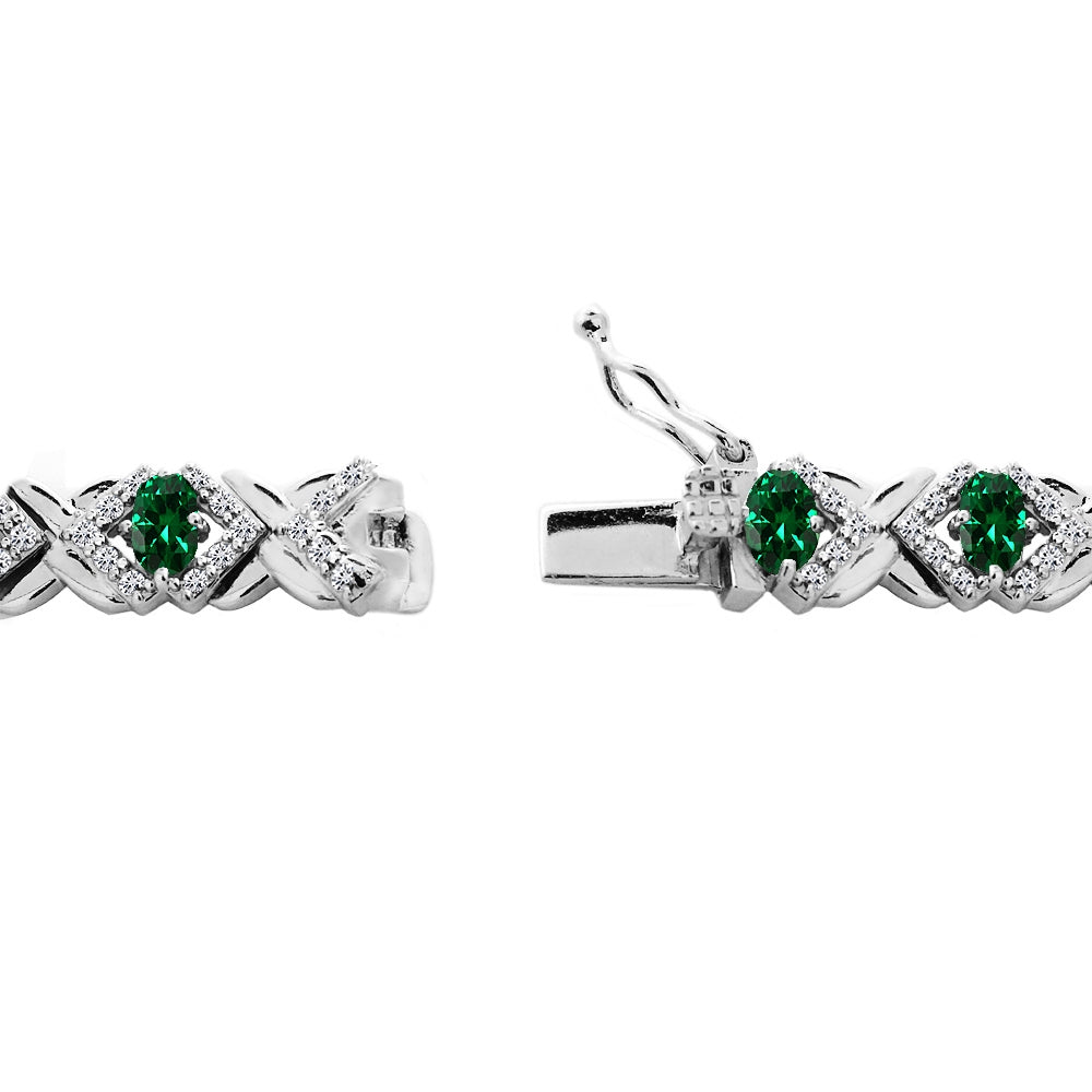 Sterling Silver Created Emerald Oval X Design Polished Tennis Bracelet-2