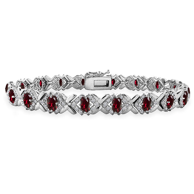 Sterling Silver Created Ruby Oval X Design Polished Tennis Bracelet