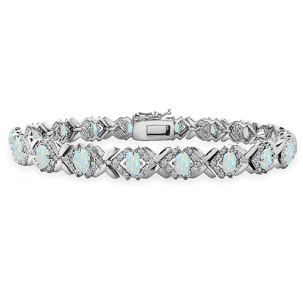 Sterling Silver Created White Opal Oval X Design Polished Tennis Bracelet