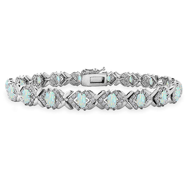 Sterling Silver Created White Opal Oval X Design Polished Tennis Bracelet