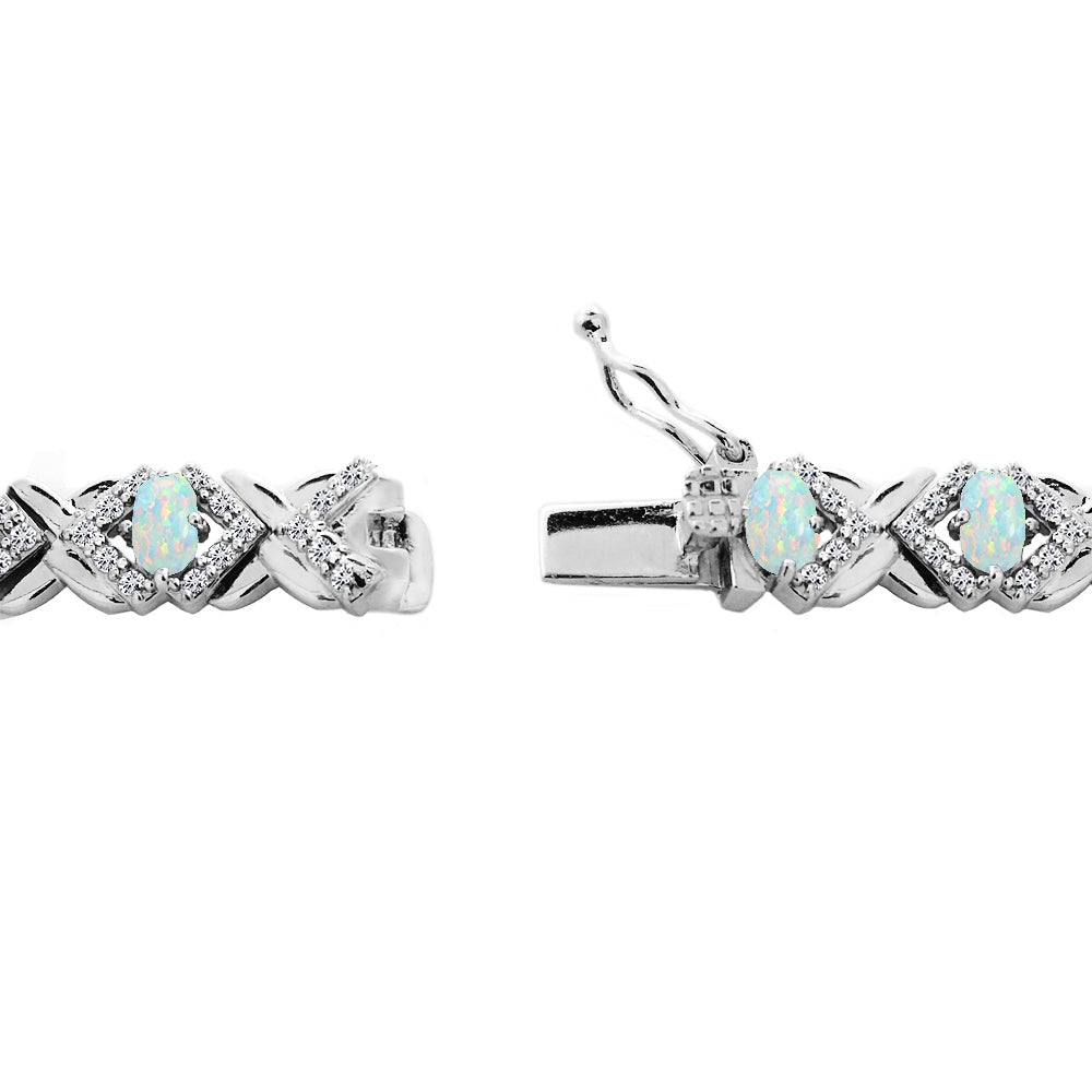 Sterling Silver Created White Opal Oval X Design Polished Tennis Bracelet-2