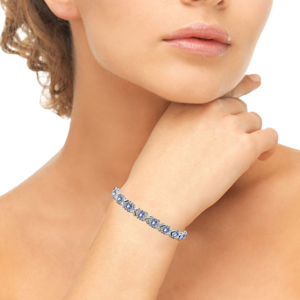 Sterling Silver Tanzanite Oval X Design Polished Tennis Bracelet-3