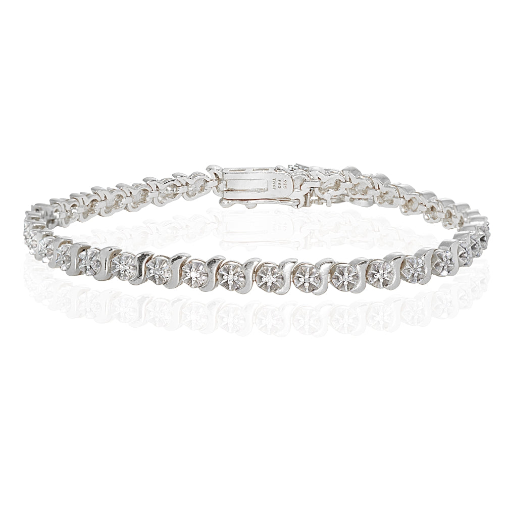 Sterling Silver Polished Swirl S Design Round  Diamond Accent Fashion Bracelet, JK-I3