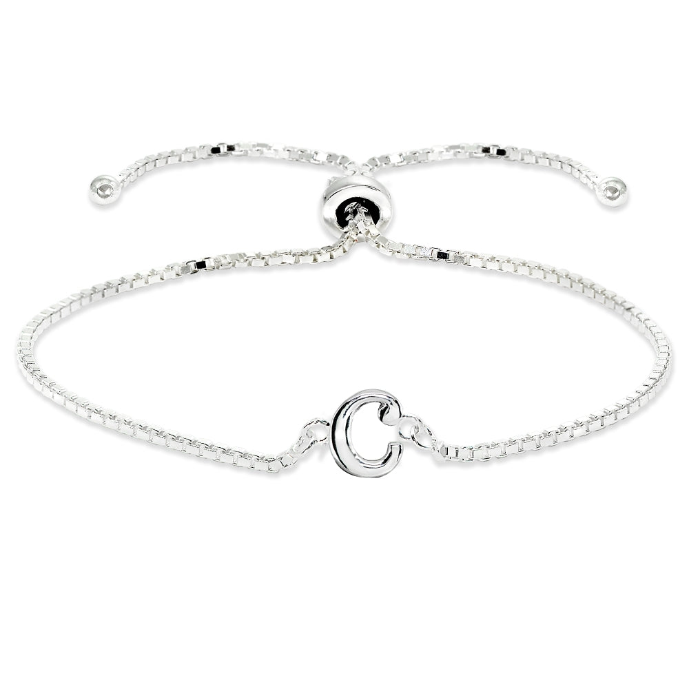 Sterling Silver C Letter Initial Alphabet Name Personalized 925 Silver Adjustable Bolo Bracelet