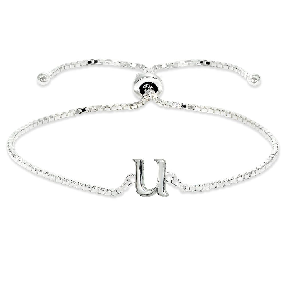 Sterling Silver U Letter Initial Alphabet Name Personalized 925 Silver Adjustable Bolo Bracelet