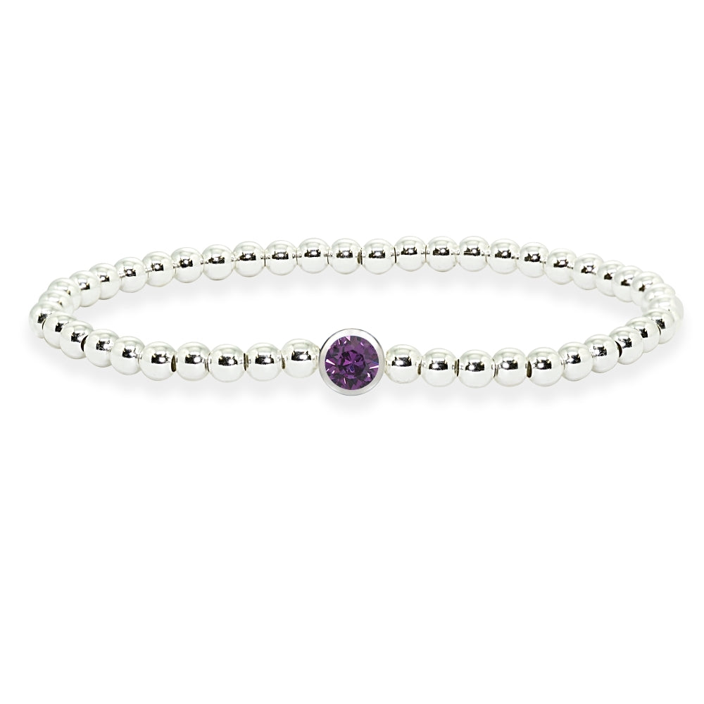 Sterling Silver Polished Beads Stretch Bracelet Made with Purple Swarovski Crystal