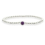 Sterling Silver Polished Beads Stretch Bracelet Made with Purple Swarovski Crystal