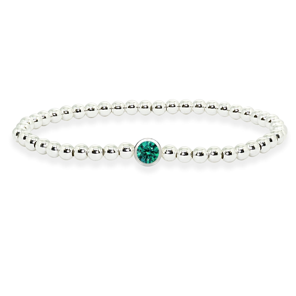 Sterling Silver Polished Beads Stretch Bracelet Made with Green Bluish Swarovski Crystal